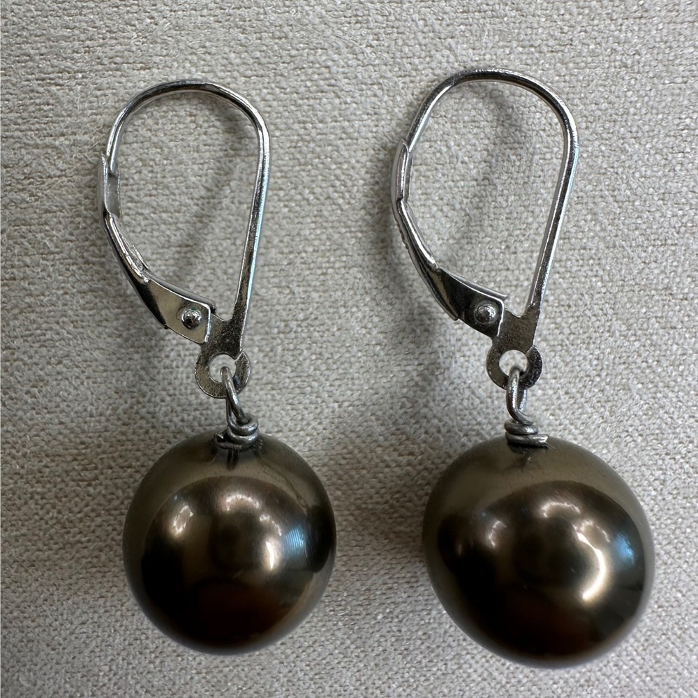 Sterling Silver 925 Dark Bronze Pearl Drop Leverback Earrings Large Dangle Women